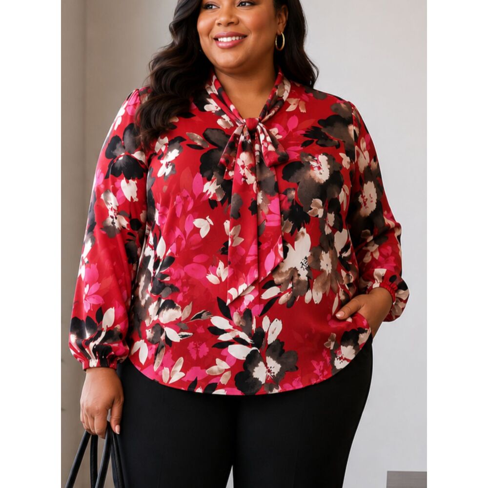 Zac & Rachel Woman 2X Floral Tie Neck Blouse Red Pink Long Sleeve Top